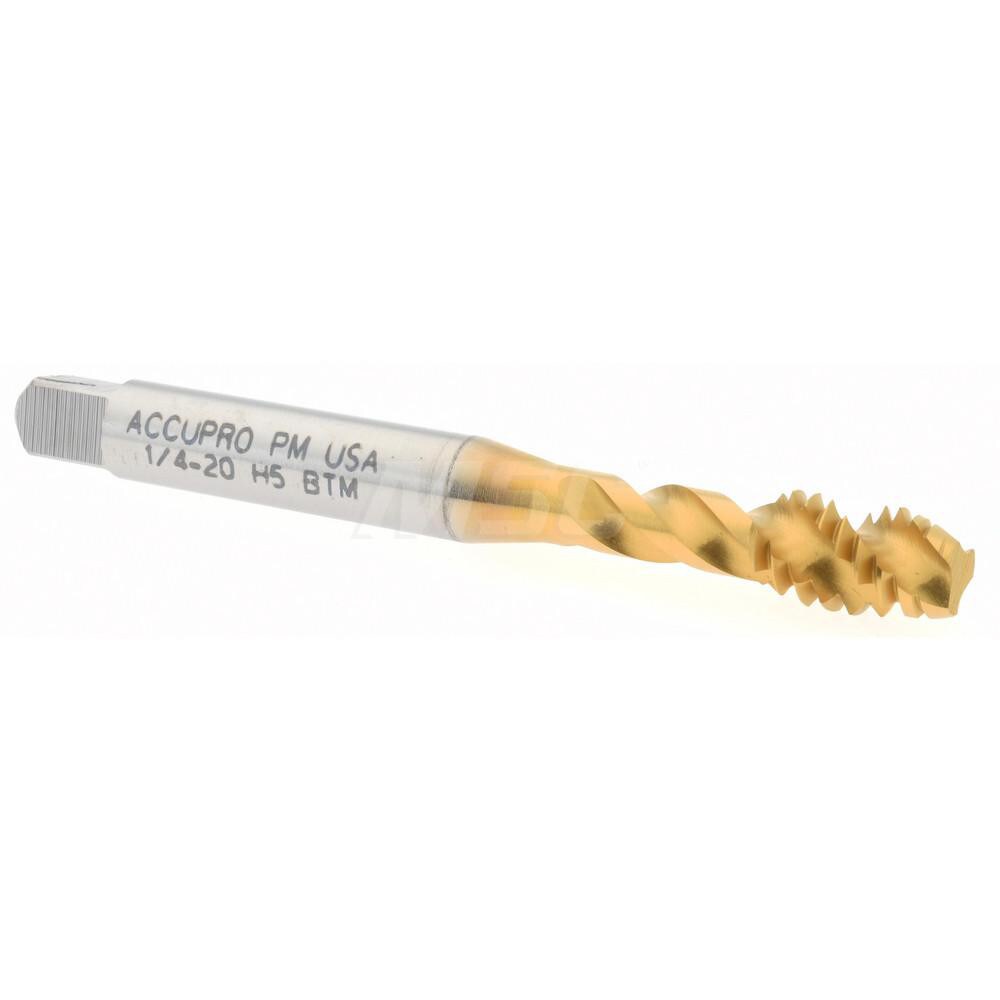 Spiral Flute Tap: 1/4-20, UNC, 3 Flute, Modified Bottoming, 2B Class of Fit, Powdered Metal, TiN Finish
