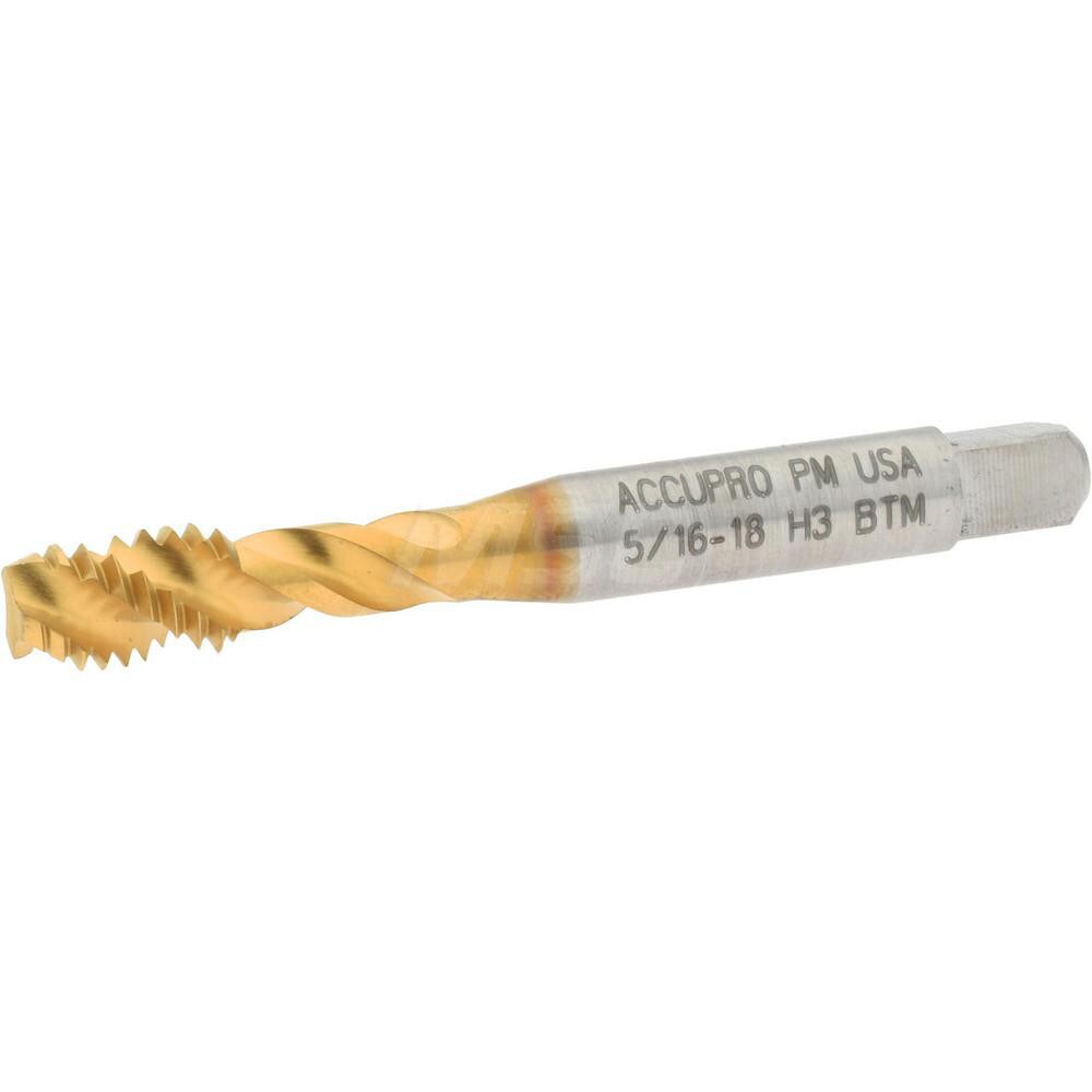 Spiral Flute Tap: 5/16-18, UNC, 3 Flute, Modified Bottoming, 3B Class of Fit, Powdered Metal, TiN Finish
