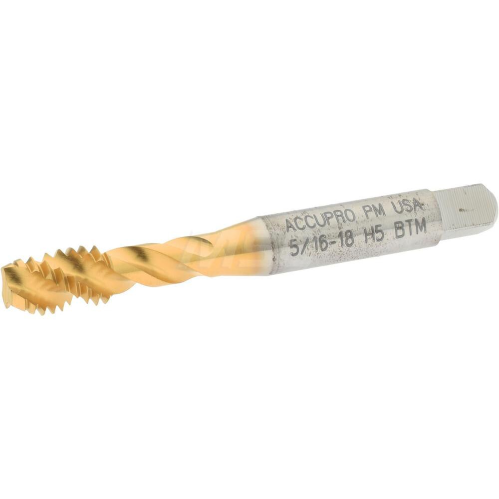Spiral Flute Tap: 5/16-18, UNC, 3 Flute, Modified Bottoming, 2B Class of Fit, Powdered Metal, TiN Finish