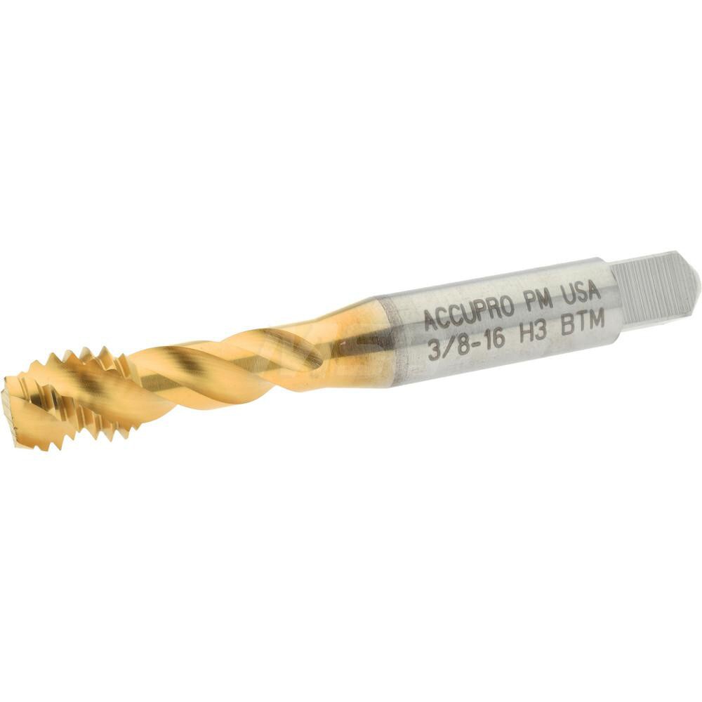 Spiral Flute Tap: 3/8-16, UNC, 3 Flute, Modified Bottoming, 3B Class of Fit, Powdered Metal, TiN Finish