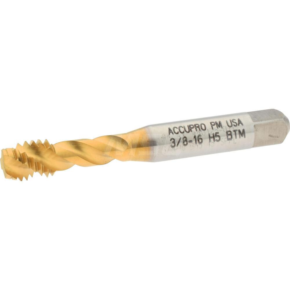 Spiral Flute Tap: 3/8-16, UNC, 3 Flute, Modified Bottoming, 2B Class of Fit, Powdered Metal, TiN Finish