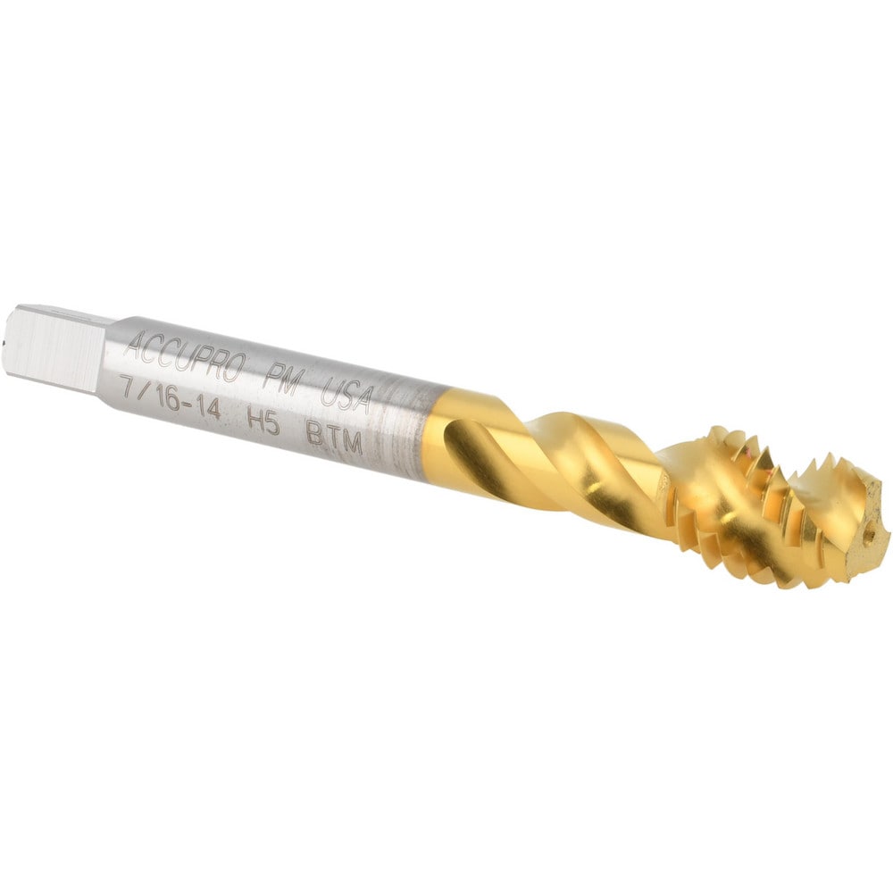 Spiral Flute Tap: 7/16-14 UNC, 3 Flutes, Modified Bottoming, Powdered Metal, TIN Coated