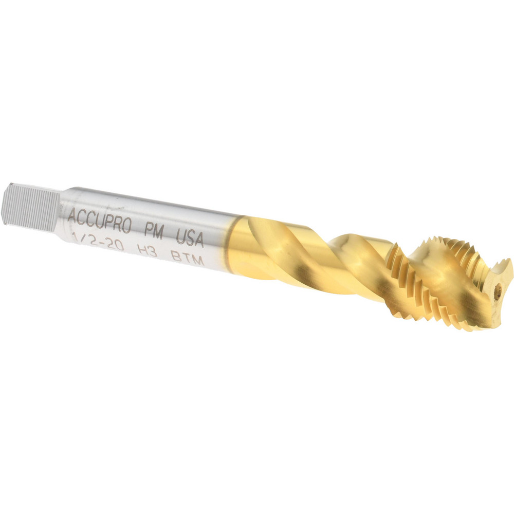 Spiral Flute Tap: 1/2-20 UNF, 3 Flutes, Modified Bottoming, 3B Class of Fit, Powdered Metal, TIN Coated