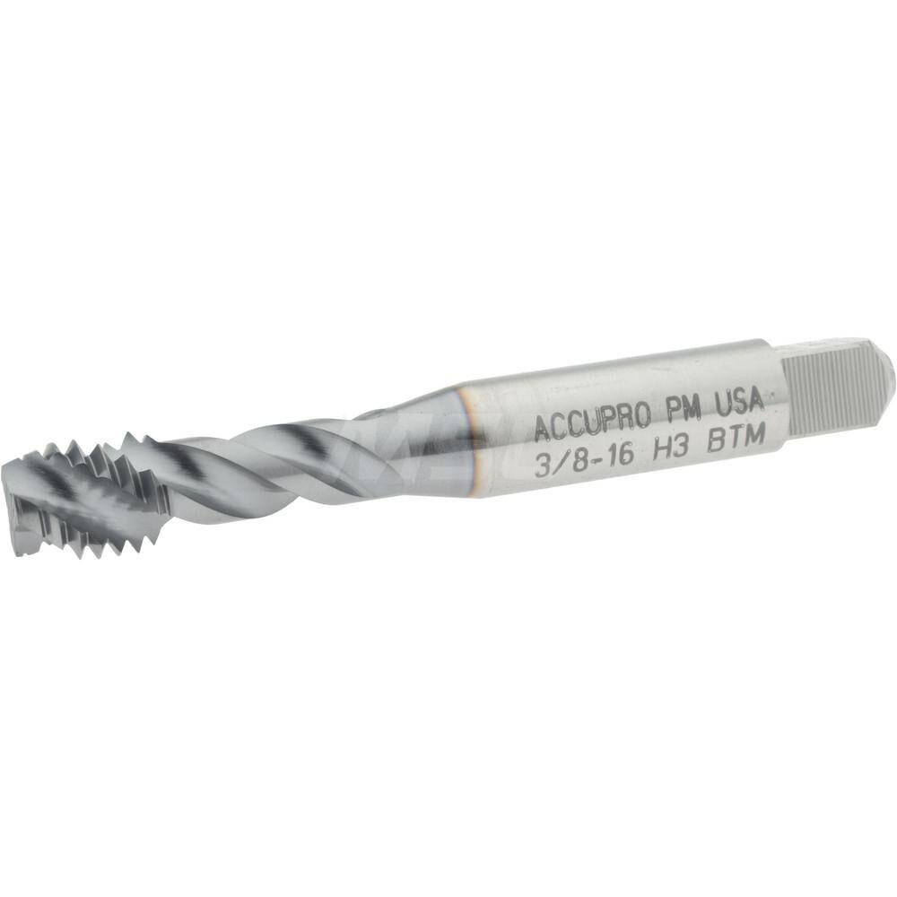 Spiral Flute Tap: 3/8-16, UNC, 3 Flute, Modified Bottoming, 3B Class of Fit, Powdered Metal, TICN Finish