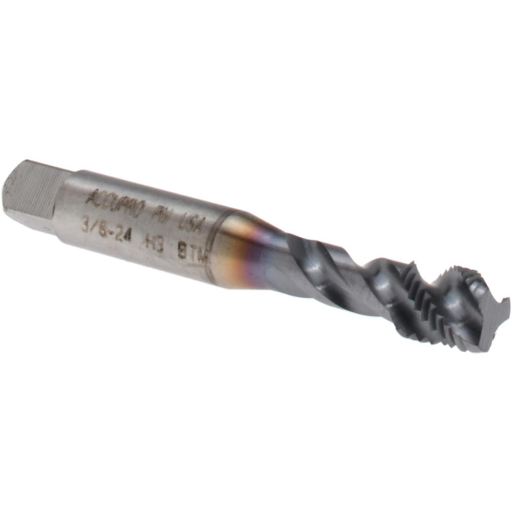 Spiral Flute Tap: 3/8-24, UNF, 3 Flute, Modified Bottoming, 3B Class of Fit, Powdered Metal, TICN Finish