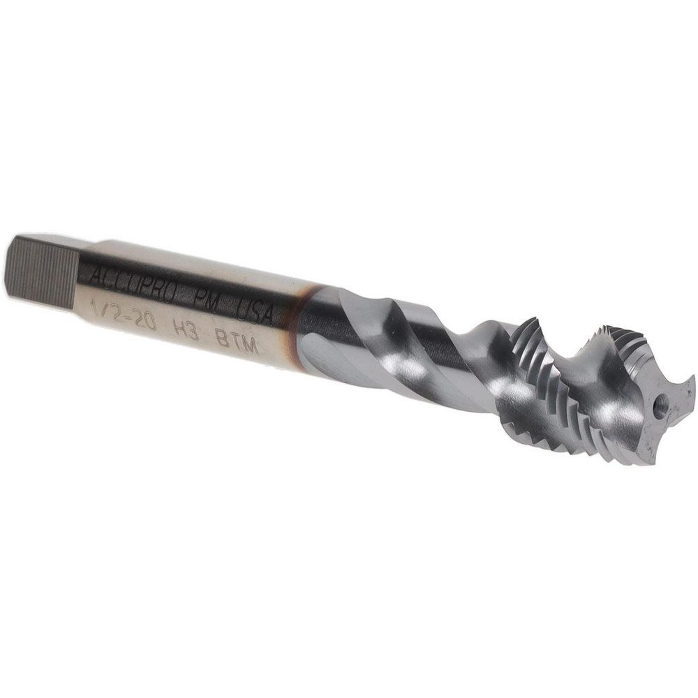 Spiral Flute Tap: 1/2-20 UNF, 3 Flutes, Modified Bottoming, 3B Class of Fit, Powdered Metal, TICN Coated