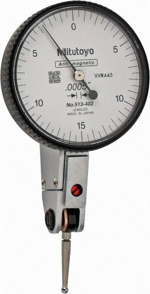 Horizontal Dial Test Indicator: 0.0300" Max, 0-15-0 Dial Reading, 0.000500" Accuracy - Series 513, White Dial, 0.000500" Graduation, 0.0790" Ball, 0.7835" Contact Point