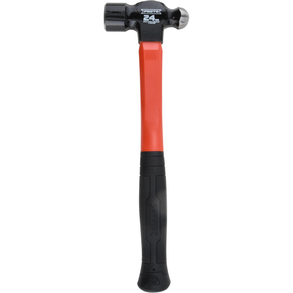 Ball Pein Hammer: 24.00 oz Head - 1-1/4" Face Dia, 14-3/16" OAL, Fiberglass Handle