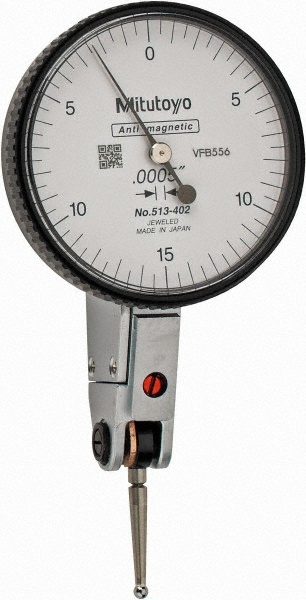 Horizontal Dial Test Indicator: 0.0300" Max, 0-15-0 Dial Reading, 0.000500" Accuracy - Series 513, White Dial, 0.000500" Graduation, 0.7835" Contact Point