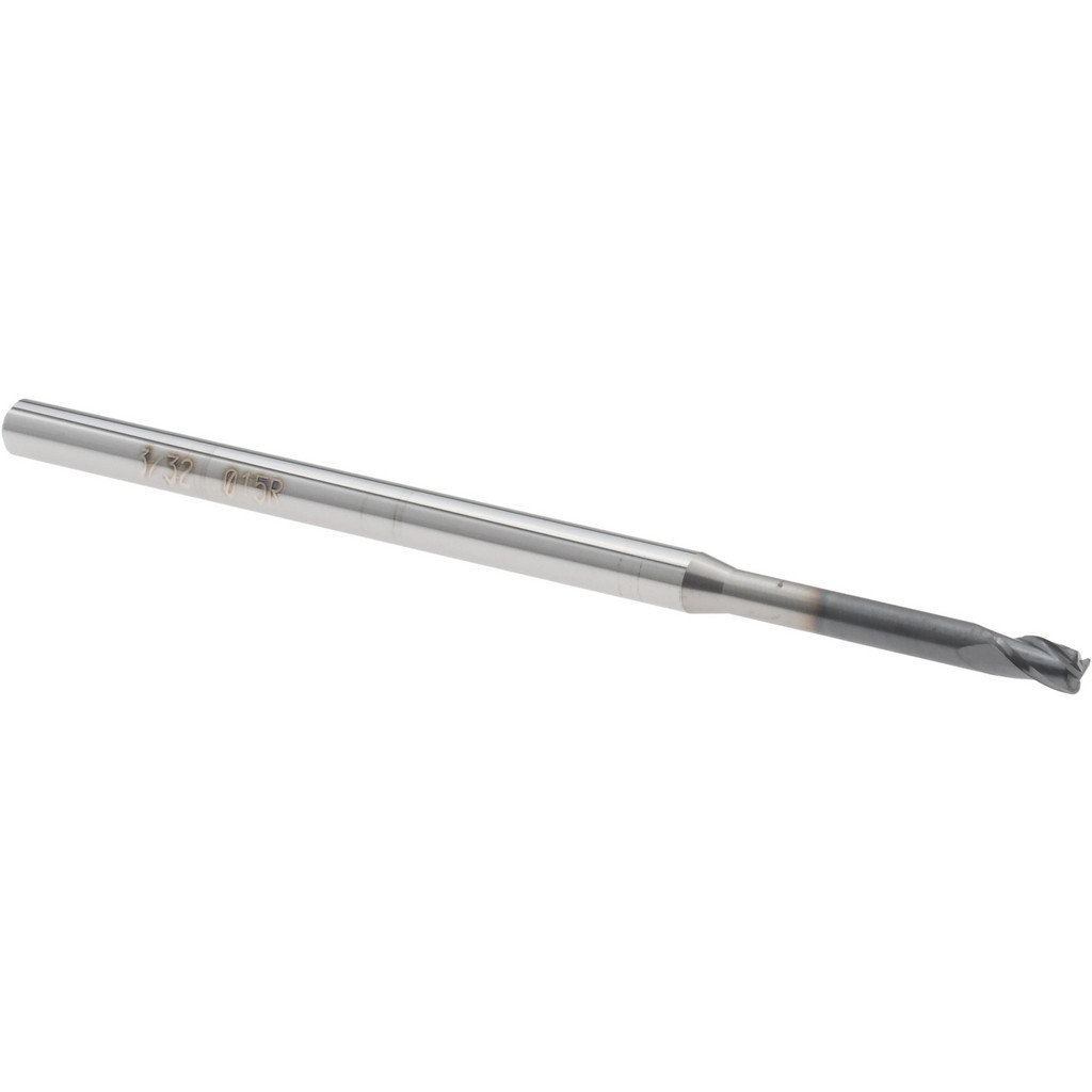 14796258 Corner Radius End Mill: 0.0938" Dia, 0.5" LOC, 0.0150" Radius, 3 Flute, Solid Carbide  