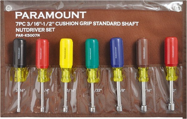 Nut Driver Set: 7 Pc, 3/16 to 1/2", Hollow Shaft, Ergonomic Handle