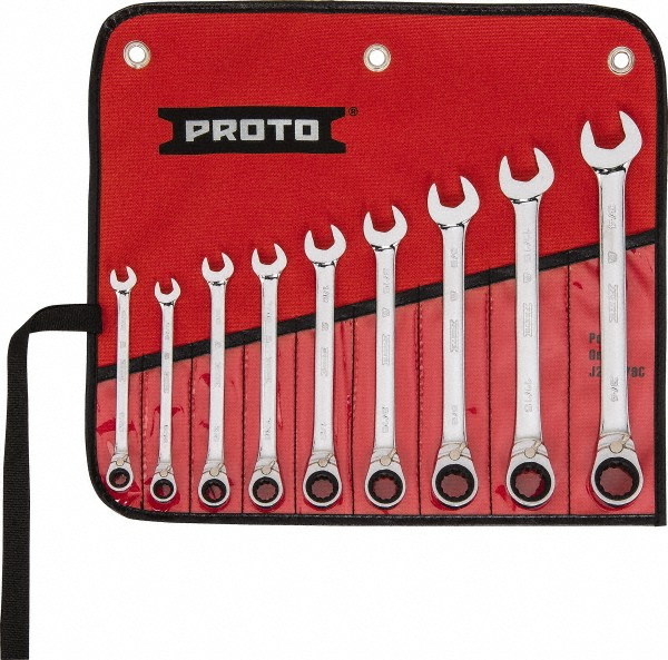 Combination Wrench Set: 9 Pc, 9/32 to 3/4" Wrench, Inch - 15 deg Head Offset Angle, Chrome Finish, Ratcheting