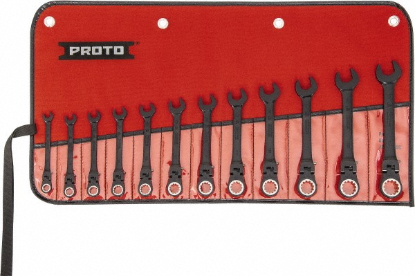 Specialized Wrench Set: 12 Pc, 7 to 19 mm Wrench, Metric - 15 deg Head Offset Angle, Ratcheting