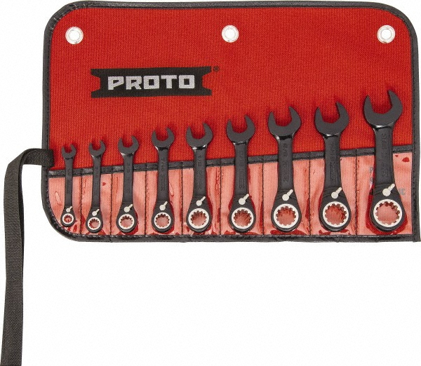 Combination Wrench Set: 9 Pc, 1/4 to 3/4" Wrench, Inch - 15 deg Head Offset Angle, Ratcheting
