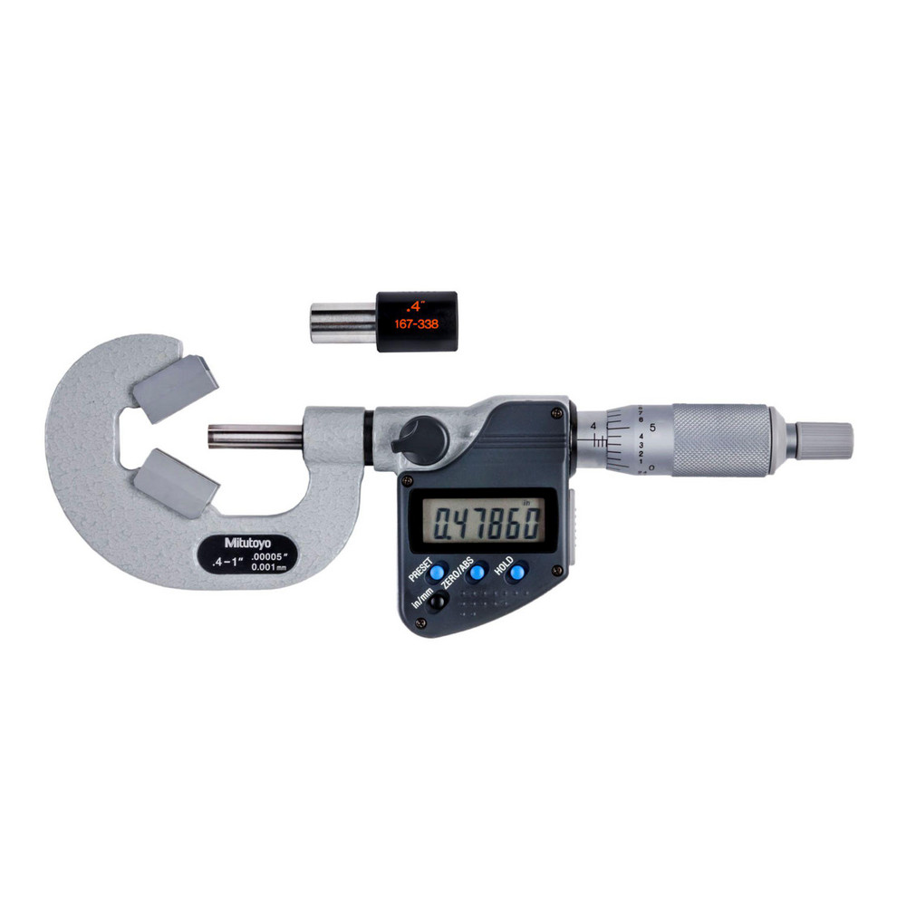 V-Anvil Micrometers: Minimum Measurement (Decimal Inch): 0.4; Maximum Measurement (mm): 40.64; Operation Type: Electronic; Thimble Type: Plain