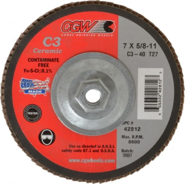 CGW Abrasives 42812 Flap Disc: 5/8-11 Hole, 40 Grit, Ceramic, Type 27 