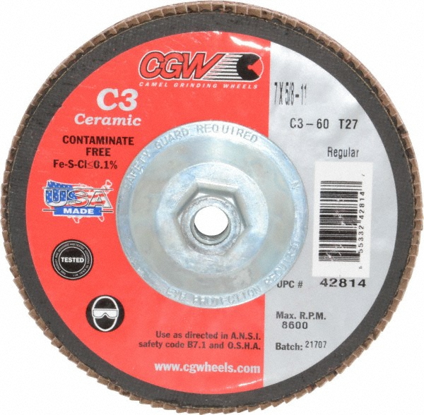 Camel Grinding Wheels | CGW Abrasives Flap Disc: 7" Dia, 60 Grit, Ceramic Alumina, Type 27 - Coated, Medium Grade, Polyester-Backed, 8600 Max RPM |