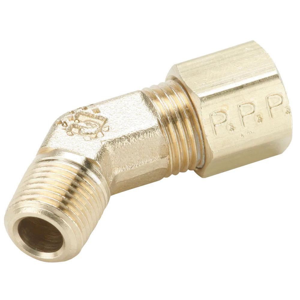 Compression Tube 45 Deg Male Elbow: 3/8-18, 1/2" Tube OD, Compression x MNPTF - Brass, SAE J512