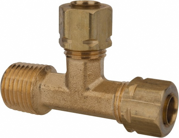 Parker Compression Tube Male Run Tee: 1/4-18, 1/4" Tube OD, Compression x MNPT x Compression - Brass | Part #171CA-4-4