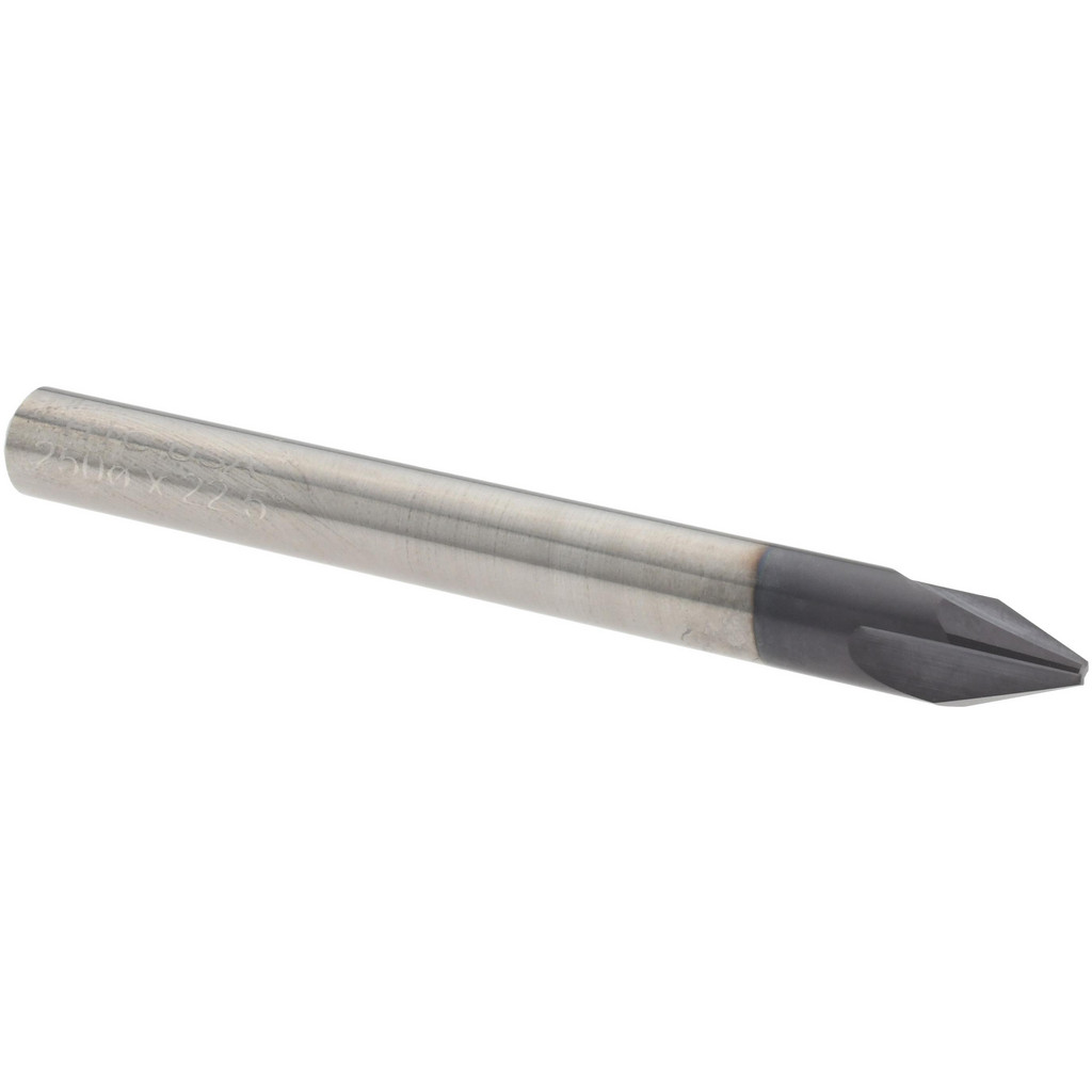 Harvey Tool Chamfer Mill: 1/4" Dia, 45 deg, 3 Flute, 1/4" Shank Dia, Solid Carbide, Single End - 2-1/2" OAL, AlTiN Coated | Part #18523-C3