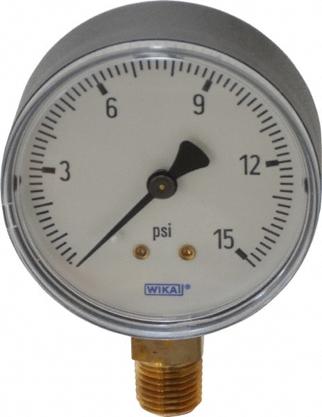 Wika 4253108 Pressure Gauge: 2-1/2" Dial, 0 to 15 psi, 1/4" Thread, NPT, Lower Mount Image