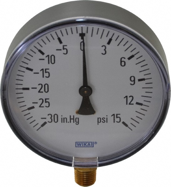 Wika 4255918 Pressure Gauge: 4" Dial, 0 to 15 psi, 1/4" Thread, NPT, Lower Mount Image