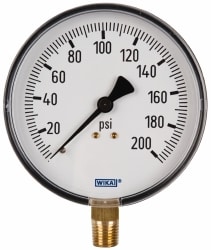 Wika 4256026 Pressure Gauge: 4" Dial, 0 to 200 psi, 1/4" Thread, NPT, Lower Mount Image