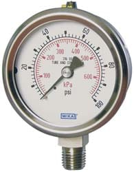 Wika 4348881 Pressure Gauge: 2-1/2" Dial, 0 to 600 psi, 1/4" Thread, NPT, Lower Mount Image