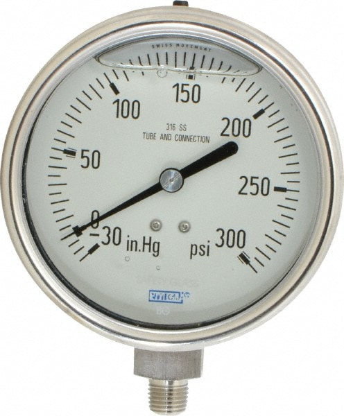 Wika 50786831 Pressure Gauge: 4" Dial, 1/4" Thread, Lower Mount 