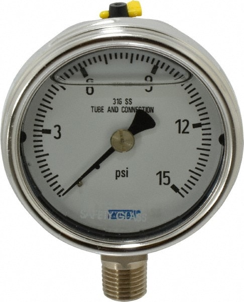 Wika 9831856 Pressure Gauge: 2-1/2" Dial, 0 to 15 psi, 1/4" Thread, NPT, Lower Mount Image