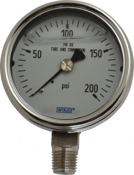 Wika 9831903 Pressure Gauge: 2-1/2" Dial, 0 to 200 psi, 1/4" Thread, NPT, Lower Mount Image