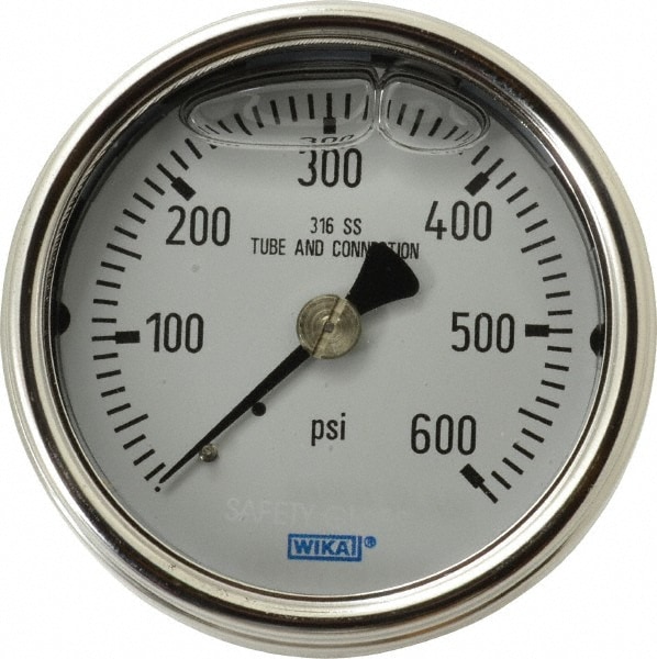 Wika 9832186 Pressure Gauge: 2-1/2" Dial, 0 to 600 psi, 1/4" Thread, NPT, Center Back Mount Image