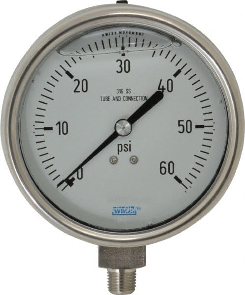 Wika 9832365 Pressure Gauge: 4" Dial, 0 to 60 psi, 1/4" Thread, NPT, Lower Mount 