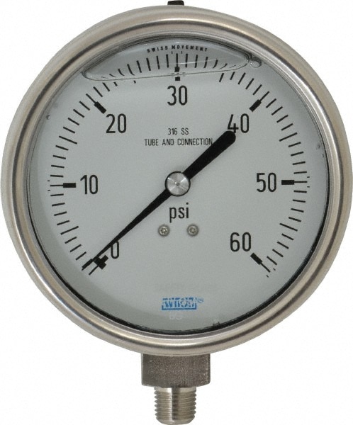 Wika 9832365 Pressure Gauge: 4" Dial, 0 to 60 psi, 1/4" Thread, NPT, Lower Mount Image