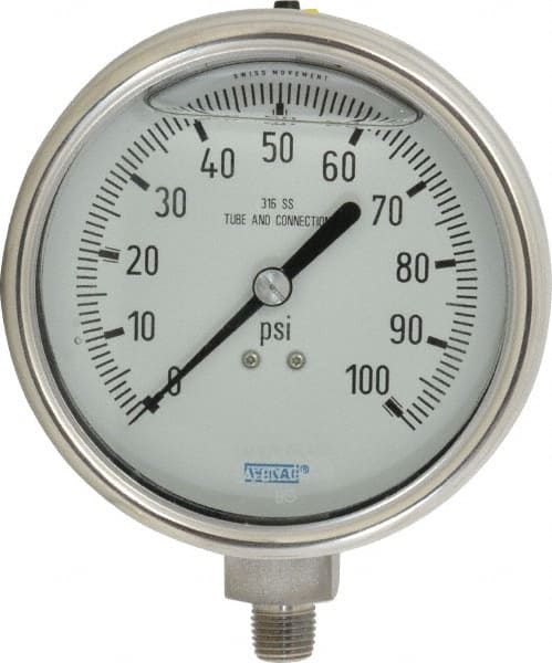 Wika 9832373 Pressure Gauge: 4" Dial, 0 to 100 psi, 1/4" Thread, NPT, Lower Mount 