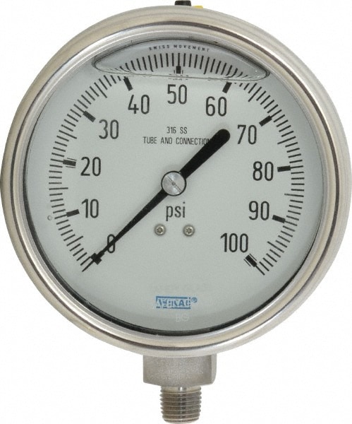 Wika 9832373 Pressure Gauge: 4" Dial, 0 to 100 psi, 1/4" Thread, NPT, Lower Mount Image