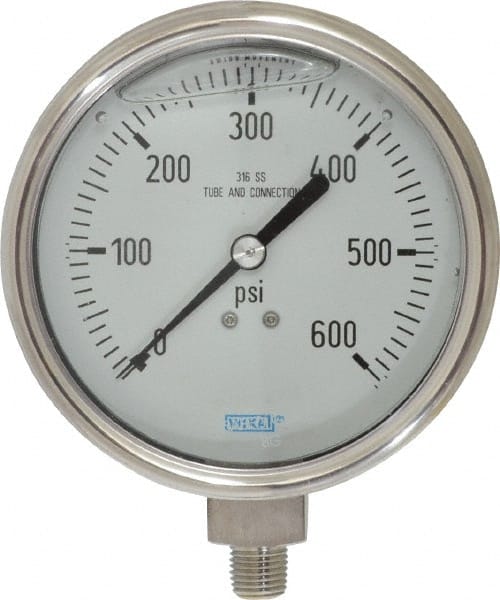 Wika 9832429 Pressure Gauge: 4" Dial, 0 to 600 psi, 1/4" Thread, NPT, Lower Mount 