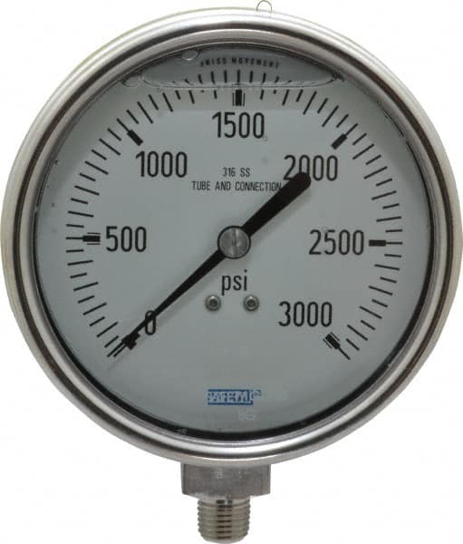 Wika 9832470 Pressure Gauge: 4" Dial, 0 to 3,000 psi, 1/4" Thread, NPT, Lower Mount 
