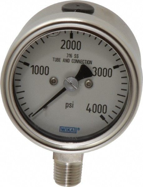 Wika 50787497 Pressure Gauge: 2-1/2" Dial, 0 to 4,000 psi, 1/4" Thread, NPT, Lower Mount Image