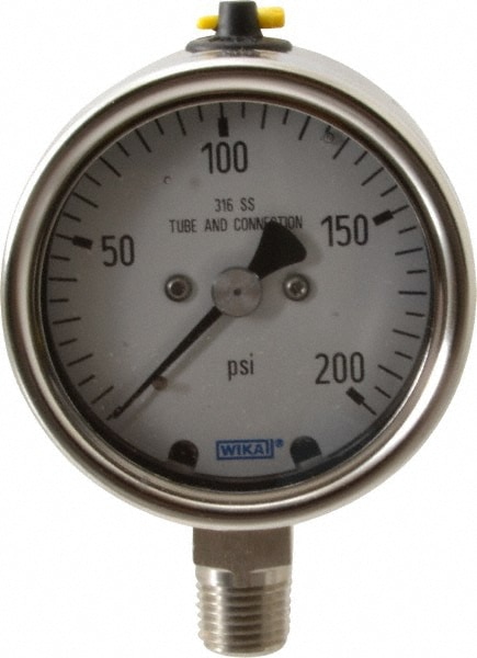 Wika 9251650 Pressure Gauge: 2-1/2" Dial, 0 to 200 psi, 1/4" Thread, NPT, Lower Mount Image