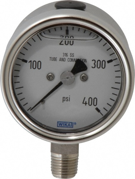 Wika 9251677 Pressure Gauge: 2-1/2" Dial, 0 to 400 psi, 1/4" Thread, NPT, Lower Mount Image