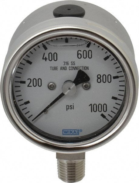 Wika 9251707 Pressure Gauge: 2-1/2" Dial, 0 to 1,000 psi, 1/4" Thread, NPT, Lower Mount Image