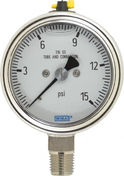 Wika 9305394 Pressure Gauge: 2-1/2" Dial, 0 to 15 psi, 1/4" Thread, NPT, Lower Mount Image