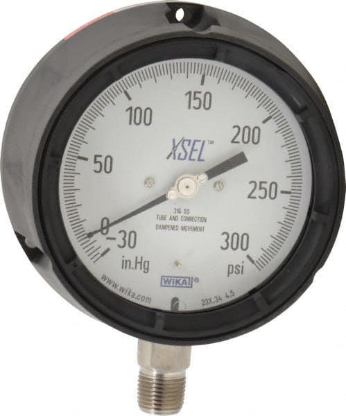 Wika 4282161 Pressure Gauge: 4-1/2" Dial, 0 to 300 psi, 1/2" Thread, NPT, Lower Mount 