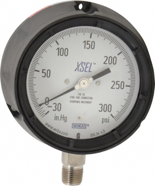 Wika 4282161 Pressure Gauge: 4-1/2" Dial, 0 to 300 psi, 1/2" Thread, NPT, Lower Mount Image