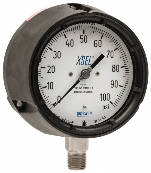 Wika 4333960 Pressure Gauge: 4-1/2" Dial, 0 to 100 psi, 1/2" Thread, NPT, Lower Mount Image