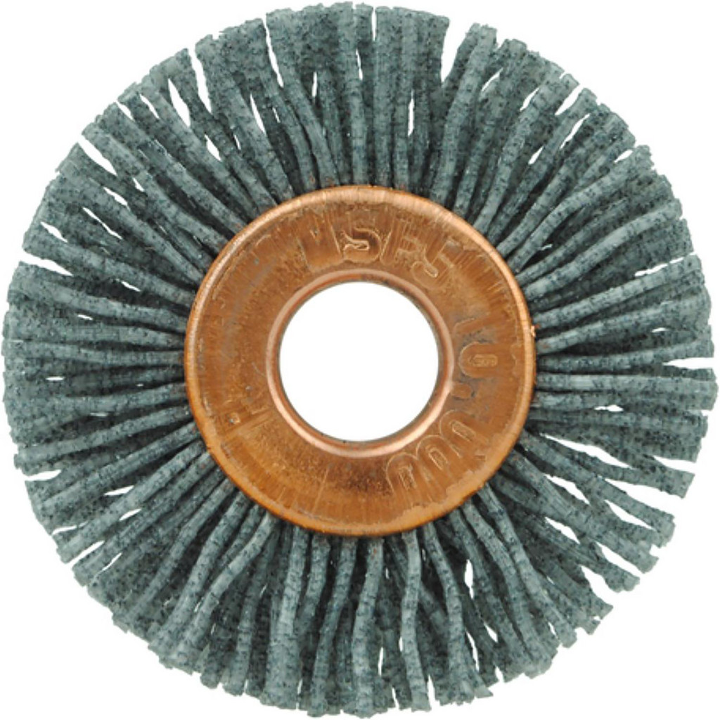 Weiler Wheel Brush: 1-1/2" Wheel Dia, 9/16" Face Width, 0.0220" Wire Dia, Crimped - 1/4" Hole, Nylon, 120 Grit, 10000 RPM | 10-Pack | 10-Pack