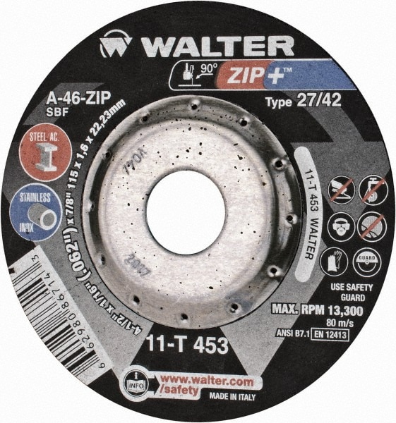 Depressed Grinding Wheel:  Type 27 & Type 42,  4-1/2" Dia,  1/16" Thick,  7/8" Hole,  Aluminum Oxide & Silicon Carbide