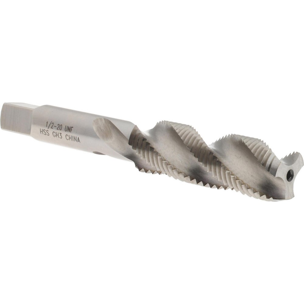 Spiral Flute Tap: 1/2-20 UNF, 4 Flutes, Bottoming, 3B Class of Fit, High Speed Steel, Bright/Uncoated