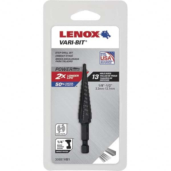 Lenox 30881VB1 Step Drill Bits: 1/8" to 1/2" Hole Dia, 1/4" Shank Dia, High Speed Steel, 13 Hole Sizes 